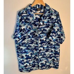 Vintage ODO Mens Hawaiian Shirt‎ Tropical Palm Tree Boat Print Short Sleeve SZ L